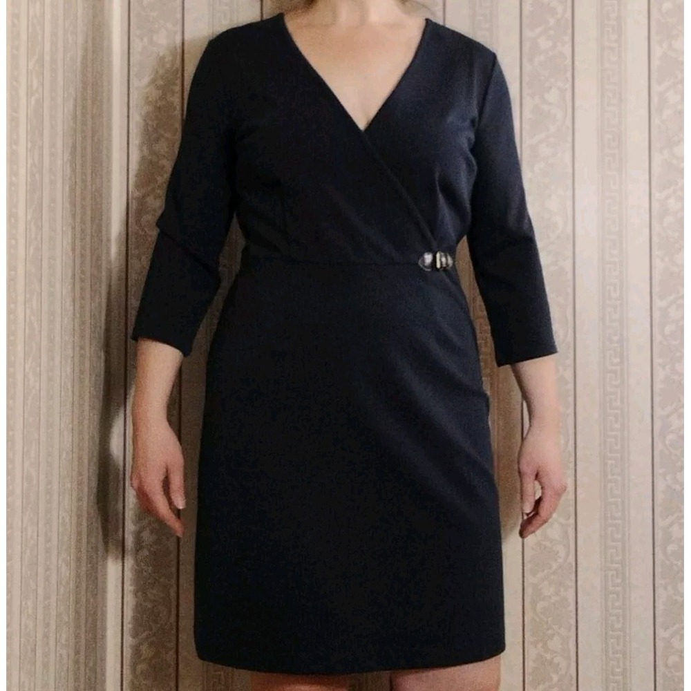Tommy Hilfiger Womens 3/4 Sleeve Navy Dress Faux Wrap Leather‎ Buckle Large